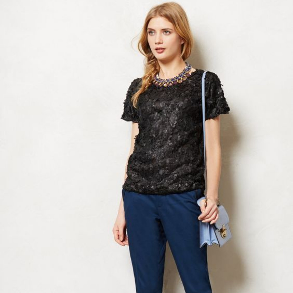 Anthropologie Lattice Blossom Top Size MP Petite Black Tee Blouse By Weston Wear